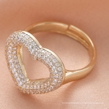 Anéis abertos de cobre banhados a ouro 14K, anéis ajustáveis ​​com coração de diamante joias para mulheres 2021
